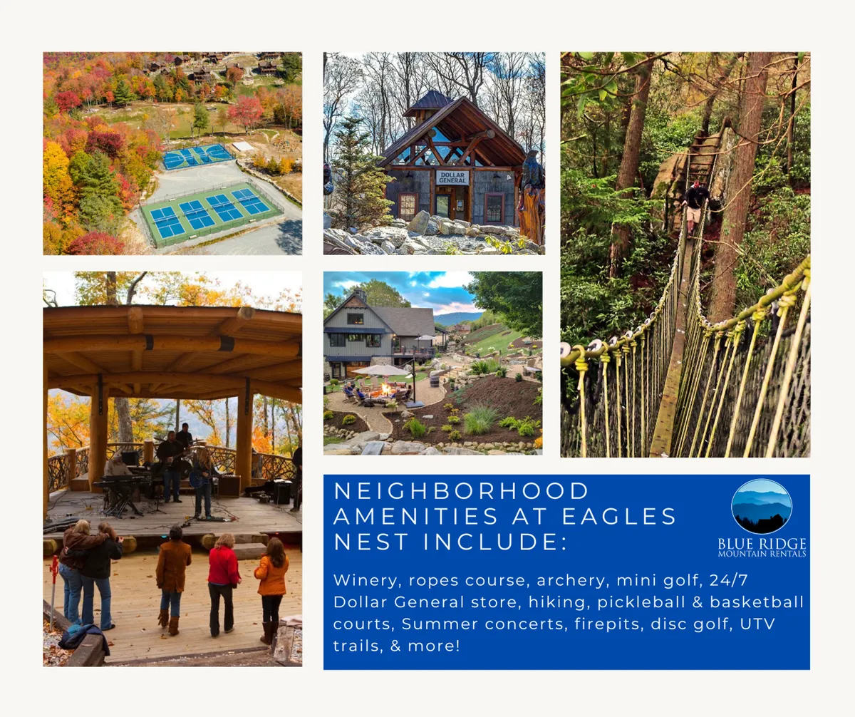A vibrant exterior scene showcasing the community's ropes course, archery range, and mini golf area set against scenic mountain views. There are people hiking, playing mini golf, and participating in archery, with the joyful atmosphere of summer concerts in the background.