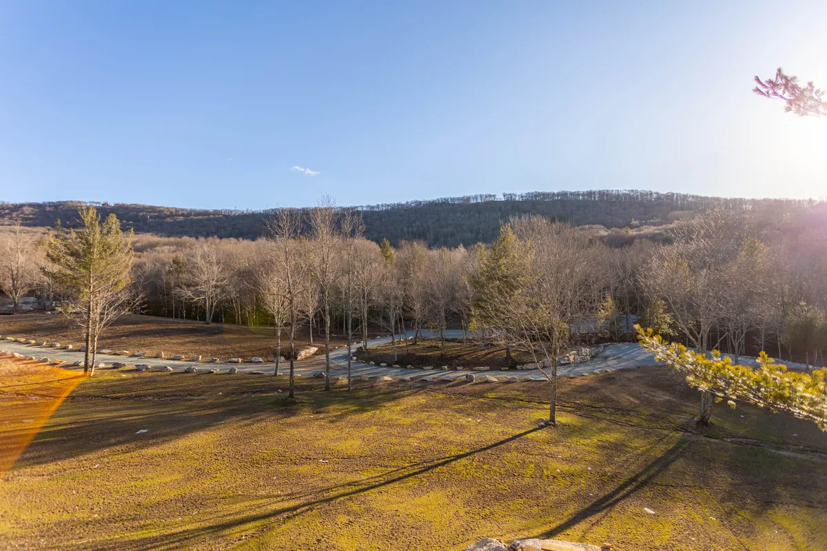 A peaceful exterior shot of a winding path through bare trees with distant mountain views, inviting exploration and quiet walks in nature. The natural setting encourages hiking, picnicking, and wildlife watching.